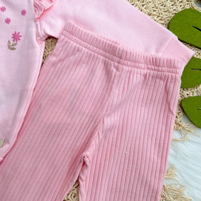 Conj. Casaco Floral de Moletom com Babadinhos e Calça Ribana Flare - Rosa